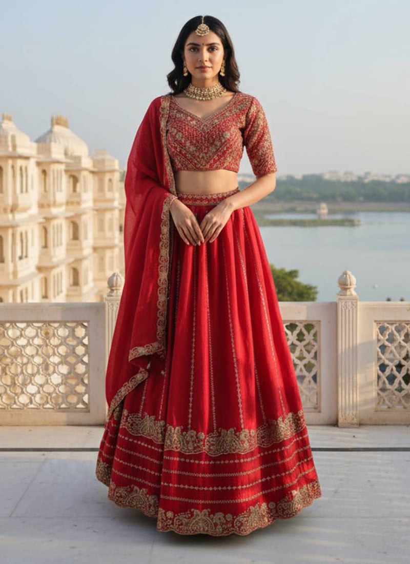 Red Rangoli Crush Silk Zari Embroidered Sequins Lehenga Wedding Wear