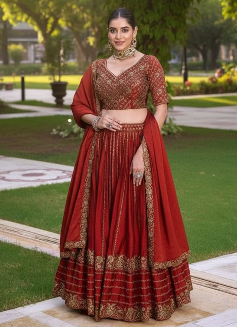 Red Rangoli Crush Silk Zari Embroidered Sequins Lehenga Wedding Wear
