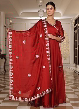 Red Rangoli Silk Embroidered Angarkha Style Anarkali Suit