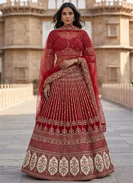 Red Rangoon Silk Sequins Embroidered Lehenga