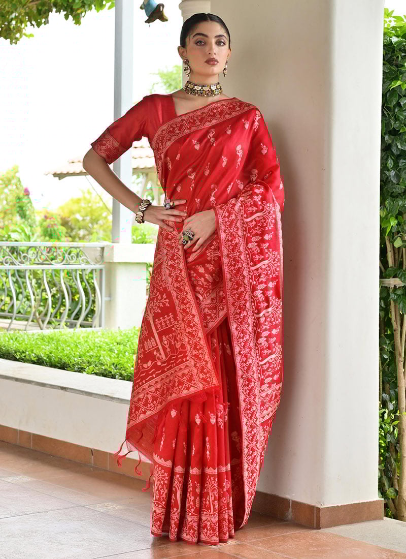 Red Raw Silk Handloom Woven Saree Festive Wear