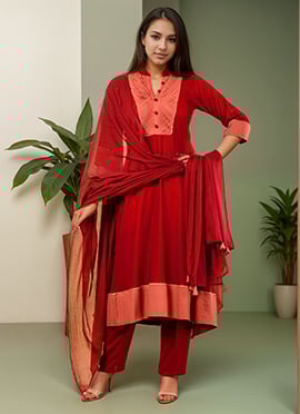 Red Rayon A Line Straight Pant Suit
