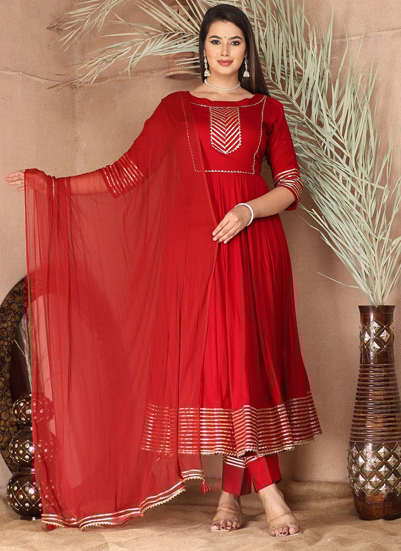 Red Rayon Anarkali Suit Gota Work Evening After Six Wear