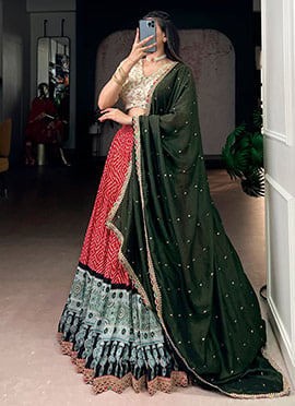 Red Rayon Bandhej And Ajrakh Printed With Sequins Embroidered Lehenga