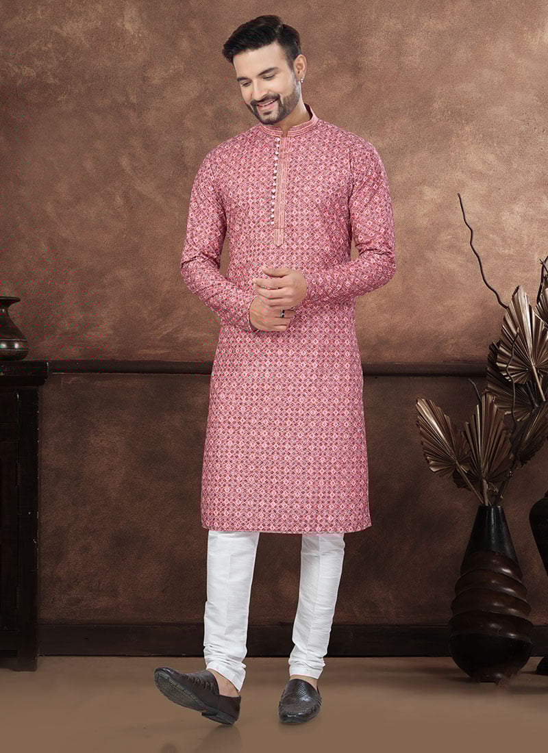 Red Rayon Chikankari Kurta Pyjama Festive Wear