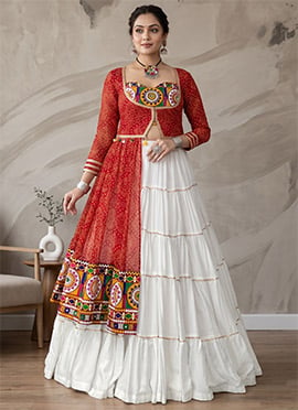 Red Rayon Cotton Embroidered Mirror Work Inowestern Long Choli Lehenga For Navratri Nights