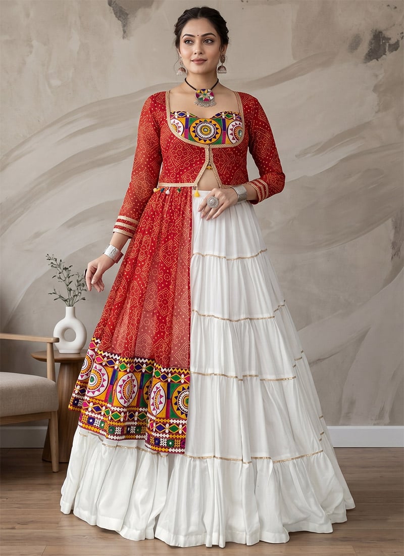 Red Rayon Cotton Embroidered Mirror Work Inowestern Long Choli Lehenga For Navratri Nights Festive Wear
