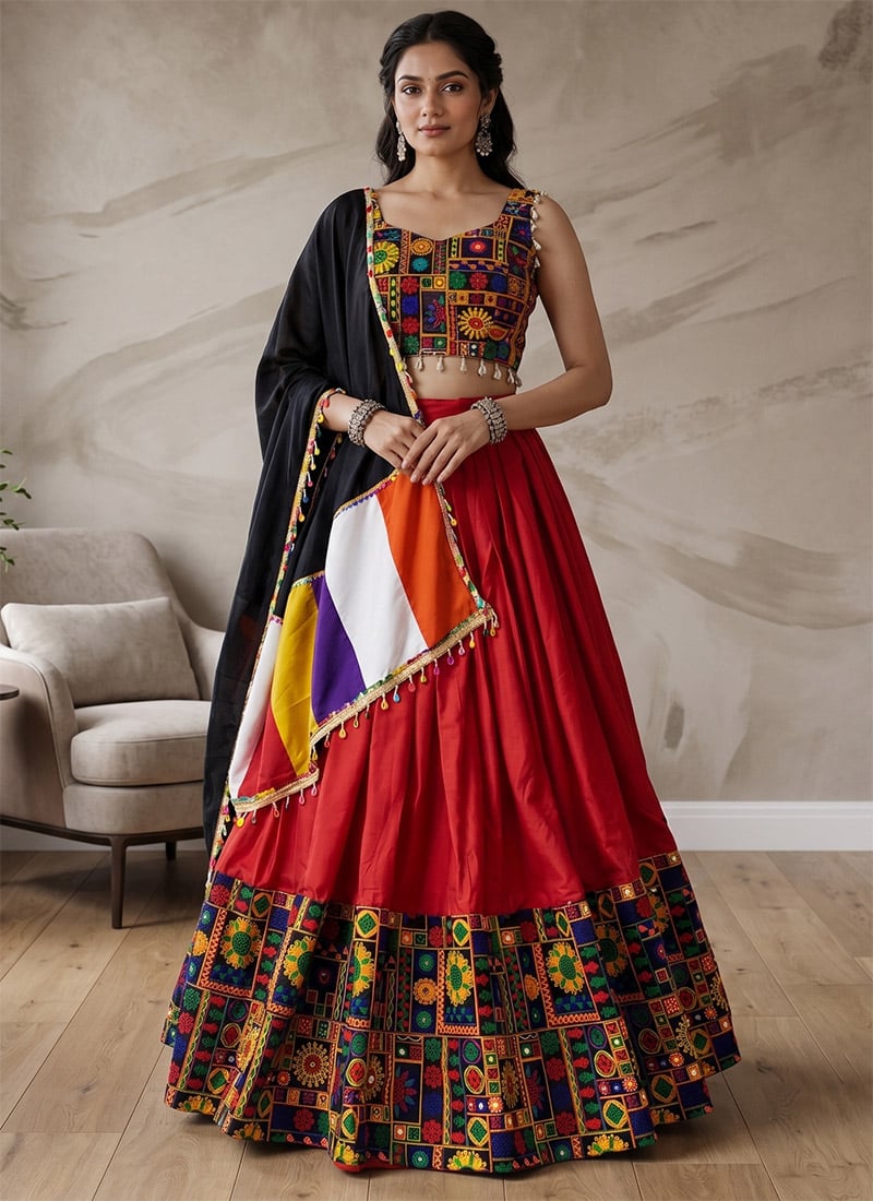 Red Rayon Cotton Mirror Work Embroidered Chaniya Choli Festive Wear