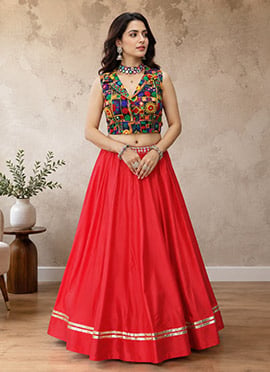 Red Rayon Cotton Mirror Work Embroidered Indowestern Chaniya Choli For Garba