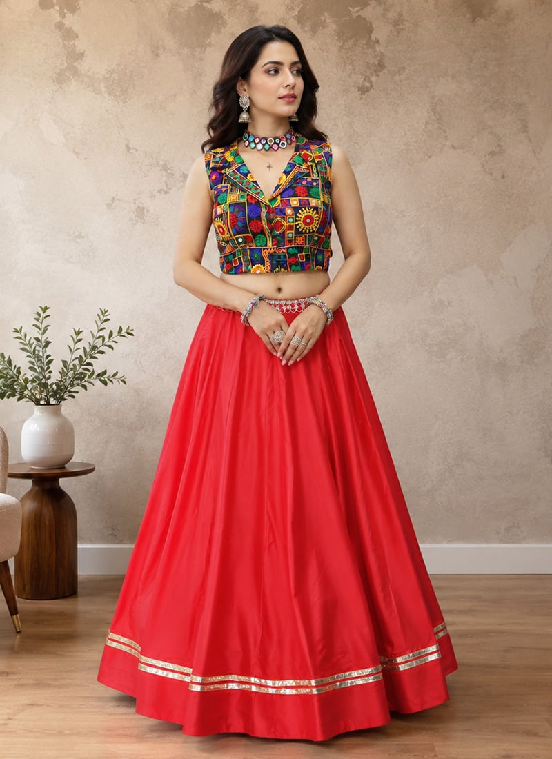Red Rayon Cotton Mirror Work Embroidered Indowestern Chaniya Choli For Garba Festive Wear