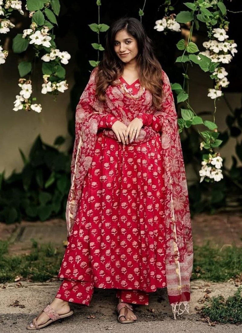 Red Rayon Digital Print Anarkali Suit