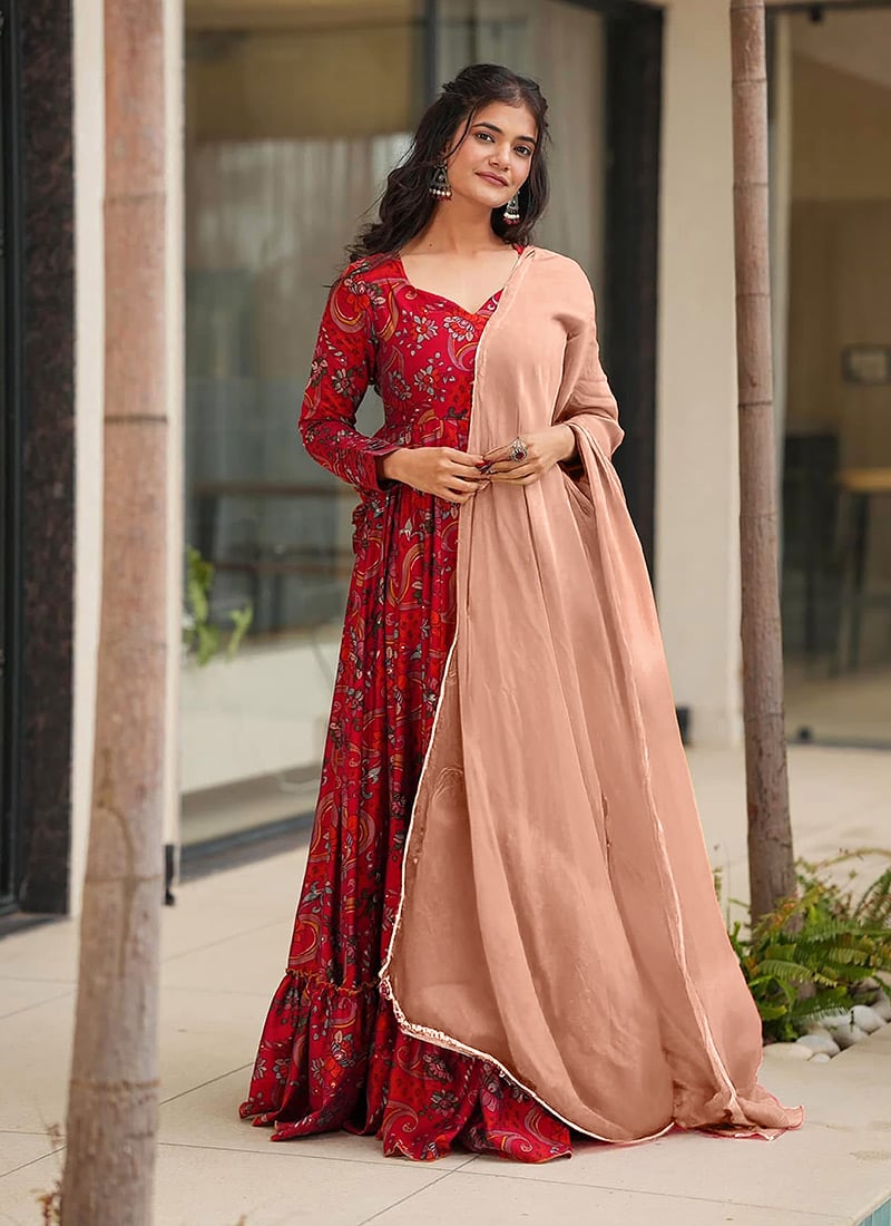 Red Rayon Digital Print Anarkali Suit After Six Wear