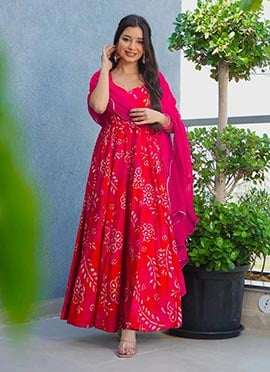 Red Rayon Digital Print Anarkali Suit