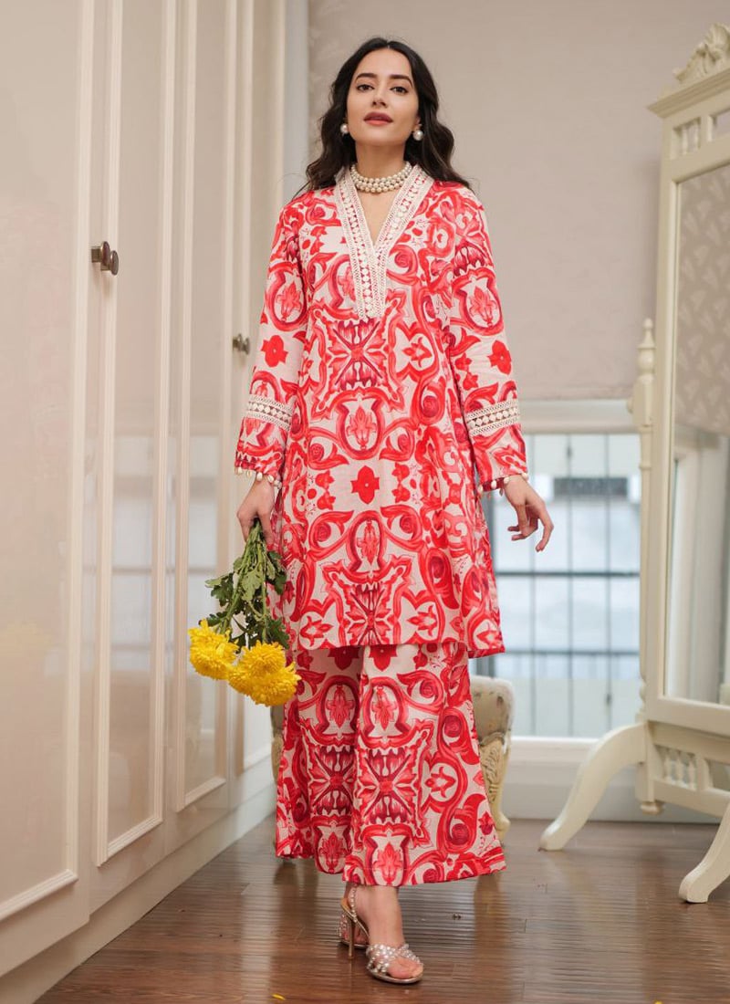 Red Rayon Digital Print Indowestern Co ord Set After Six Wear