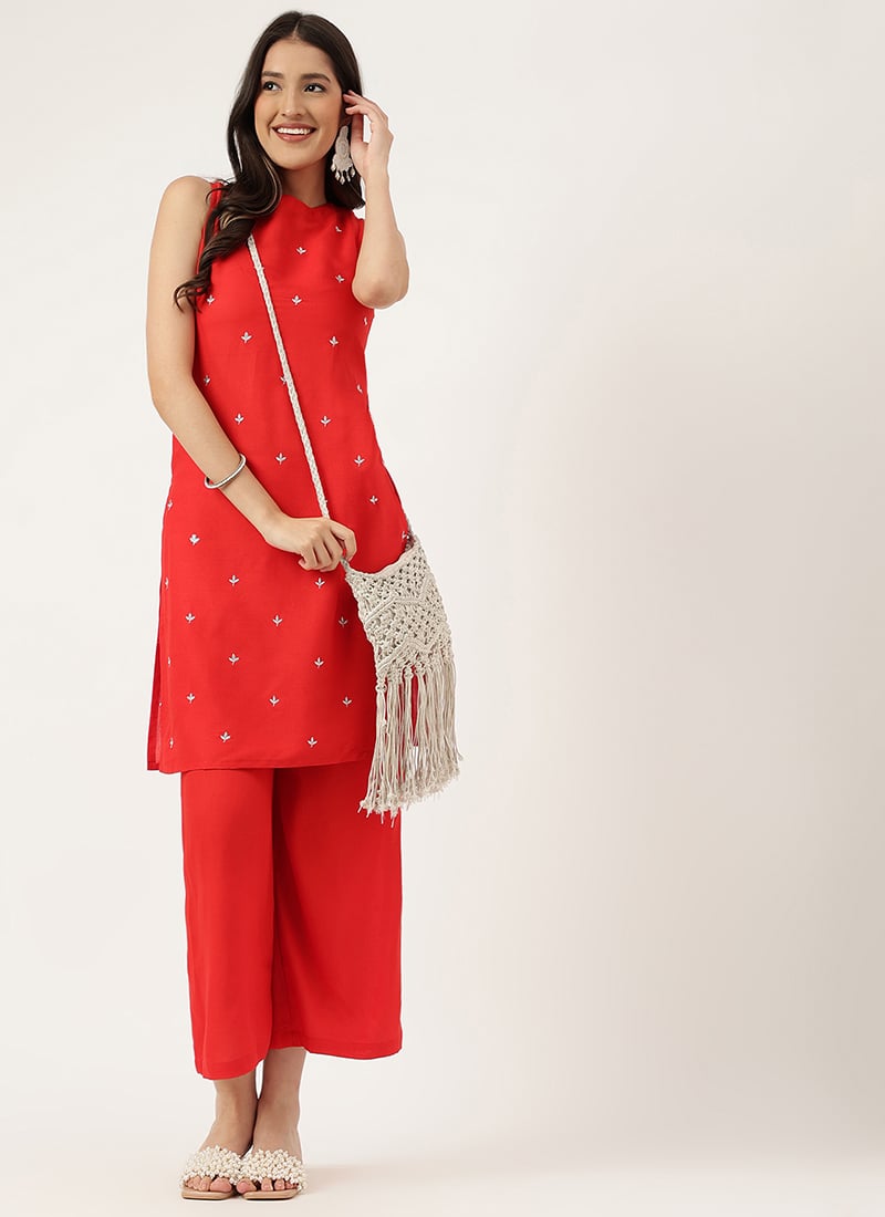 Red Rayon Embroidered Butti Kurta Palazzo Set