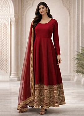 Red Rayon Embroidered Sequins Anarkali Suit