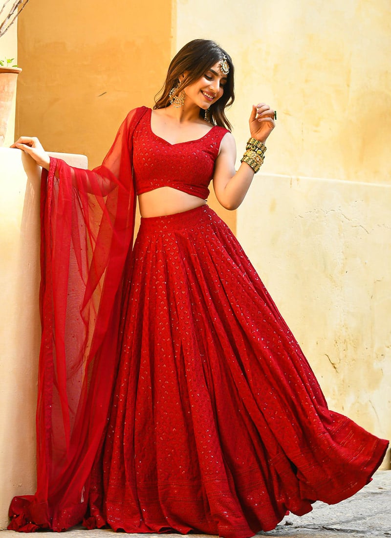 Red Rayon Embroidered Sequins Ravishing Lehenga Wedding Wear