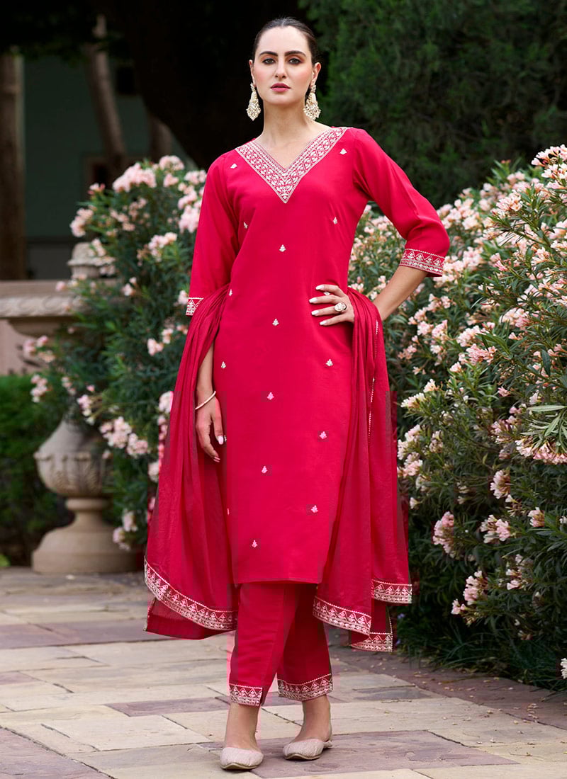 Red Rayon Embroidered Sequins Straight Pant Suit With Digital Print Dupatta Festive Wear