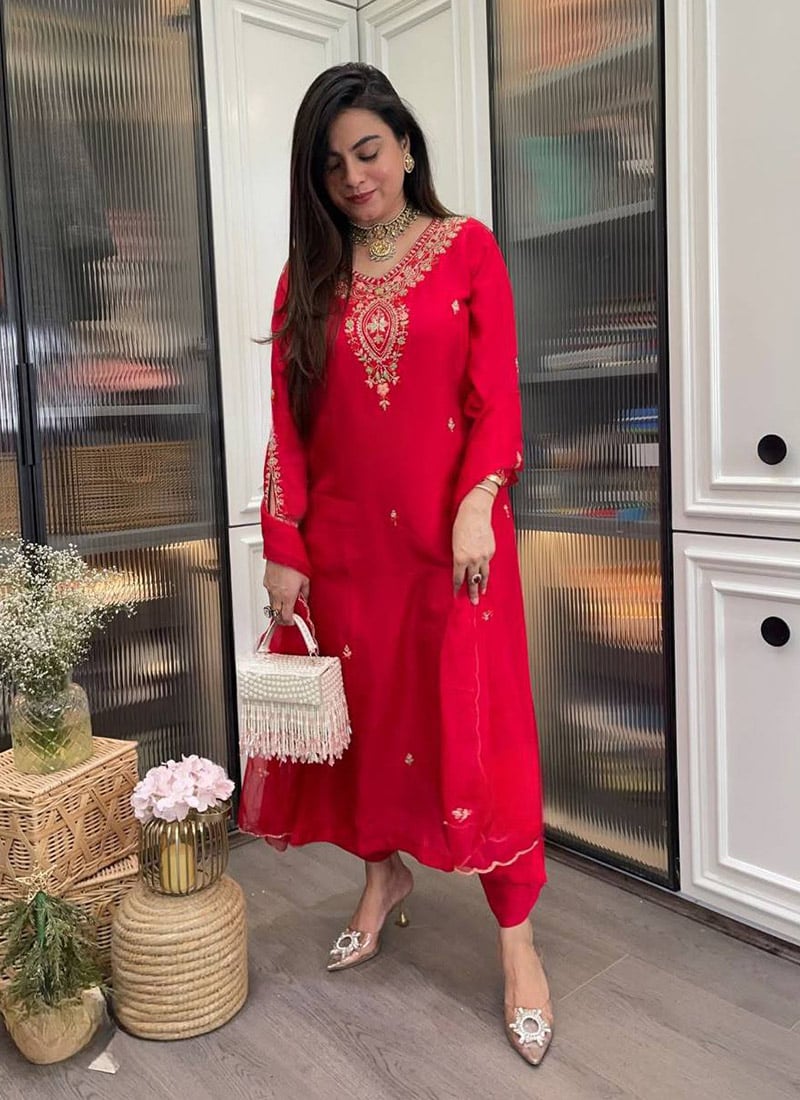Red Rayon Embroidered Straight Pant Suit