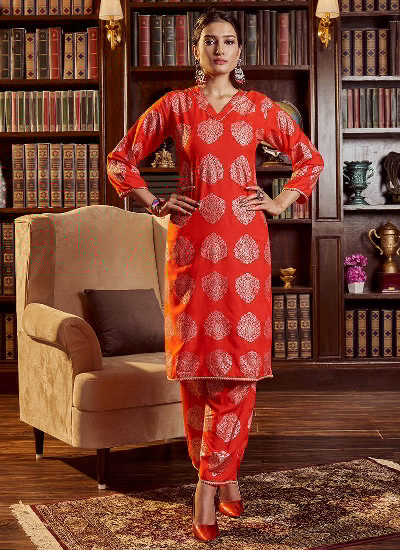 Red Rayon Foil Print Kurta Straight Pant Set After Six Wear-KRSSACY7216