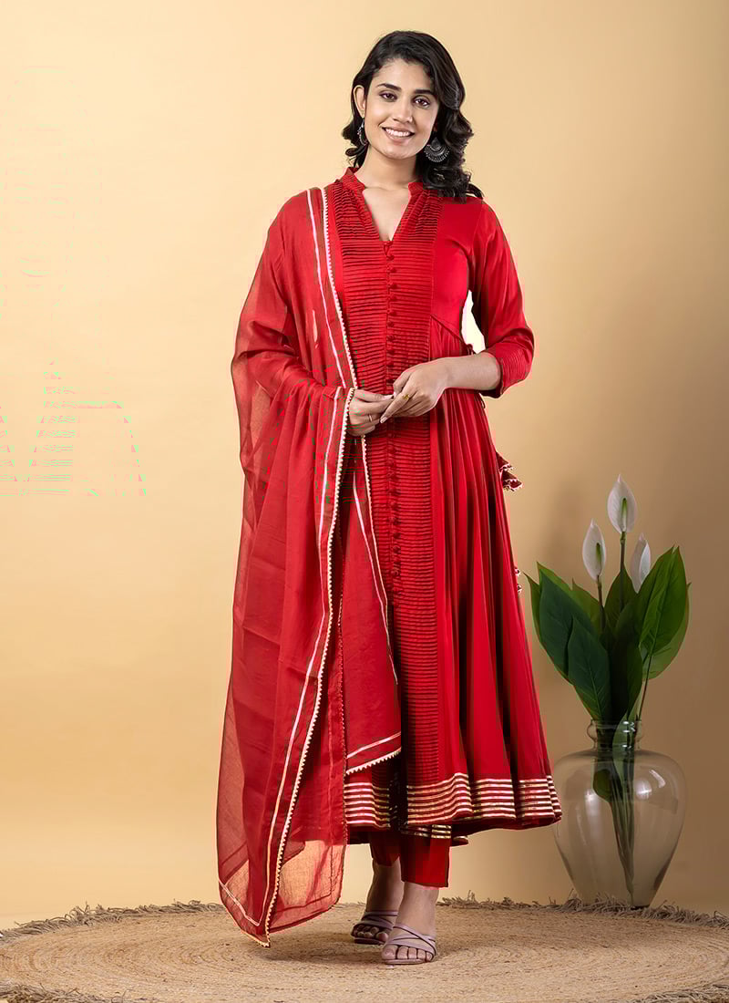 Red Rayon Gota Lace Work Anarkali Suit After Six Wear