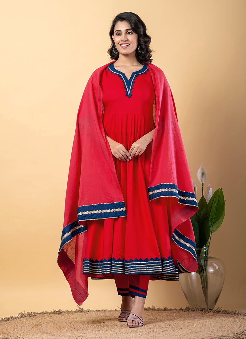 Red Rayon Gota Patti Lace Work Anarkali Suit After Six Wear
