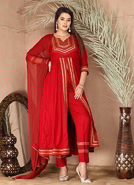 Red Rayon Gota Patti Thread Anarkali Suit