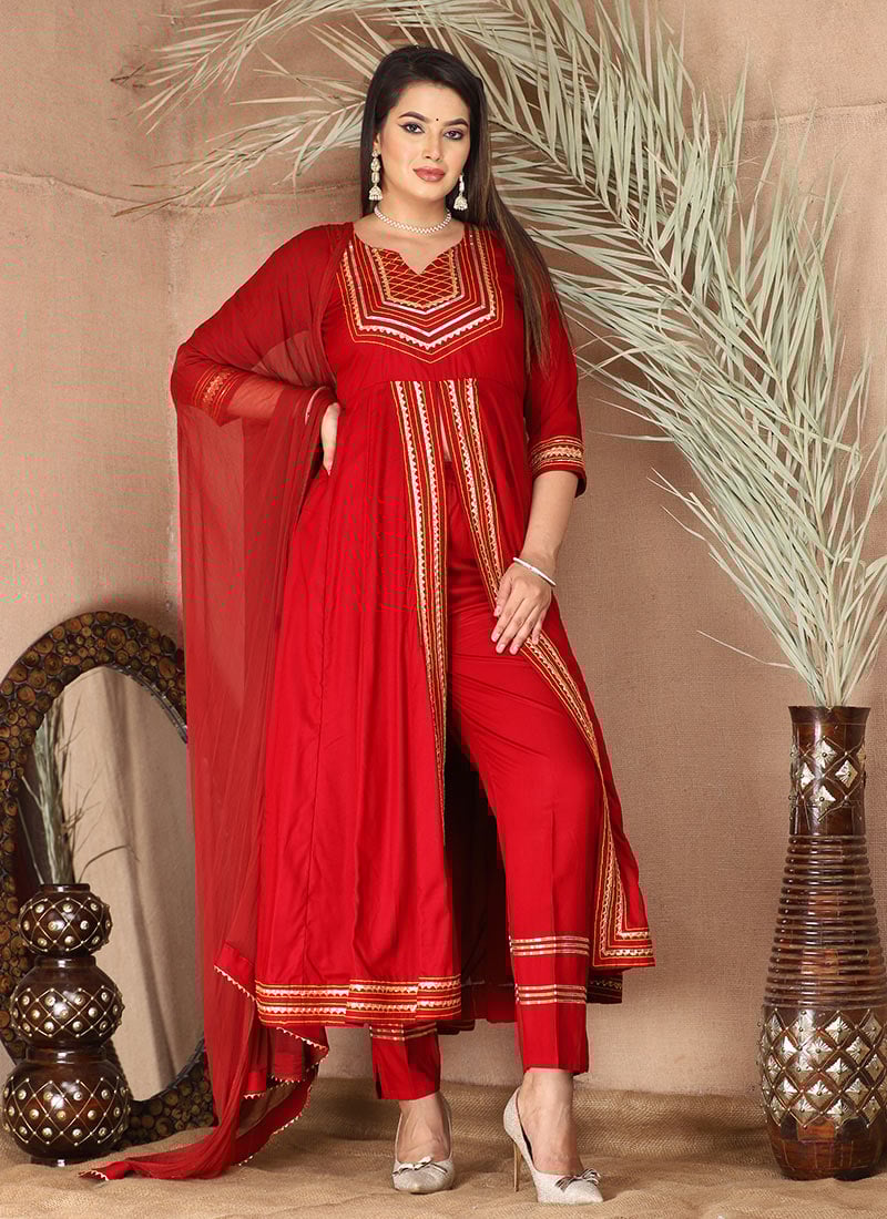 Red Rayon Gota Patti Thread Anarkali Suit After Six Wear