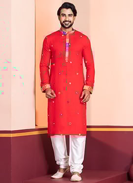 Red Rayon Kutch Work Kurta Pyjama