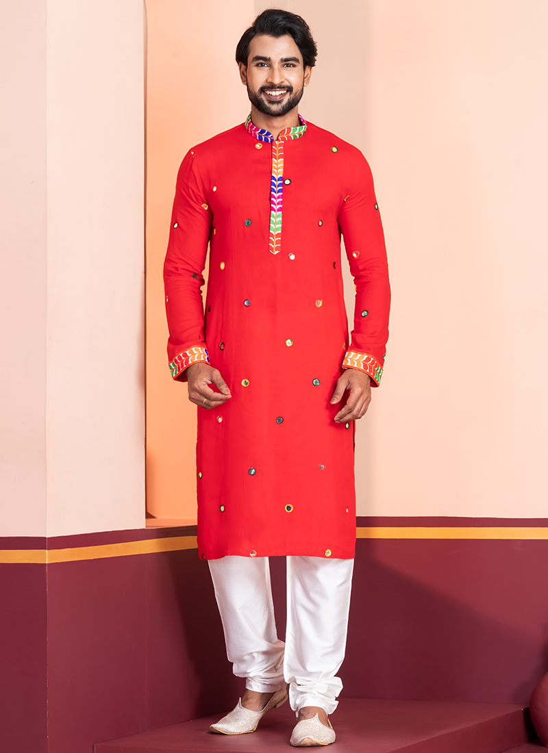 Red Rayon Kutch Work Kurta Pyjama Festive Wear
