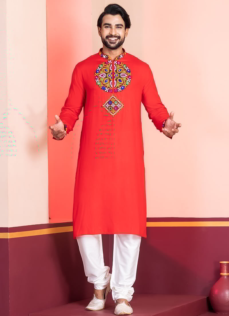 Red Rayon Kutch Work Kurta Pyjama Festive Wear