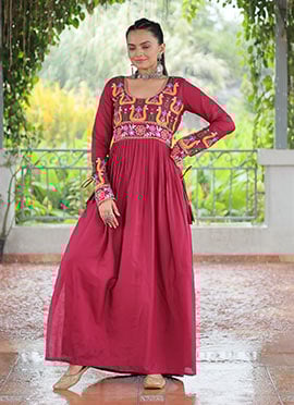 Red Rayon Kutch Work Long Kurti Festive Wear