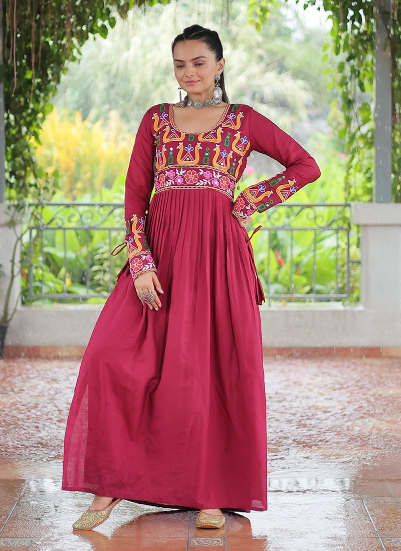 Red Rayon Kutch Work Long Kurti Festive Wear