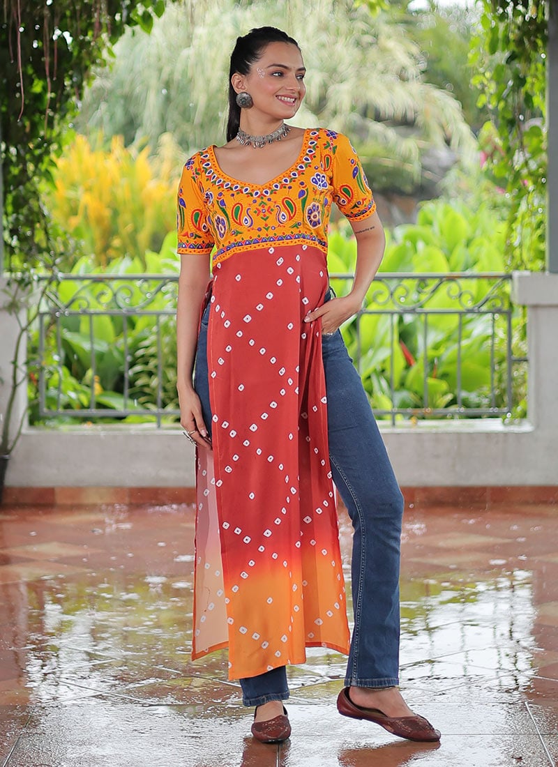 Red Rayon Long Straight Kurti With Gamthi Print