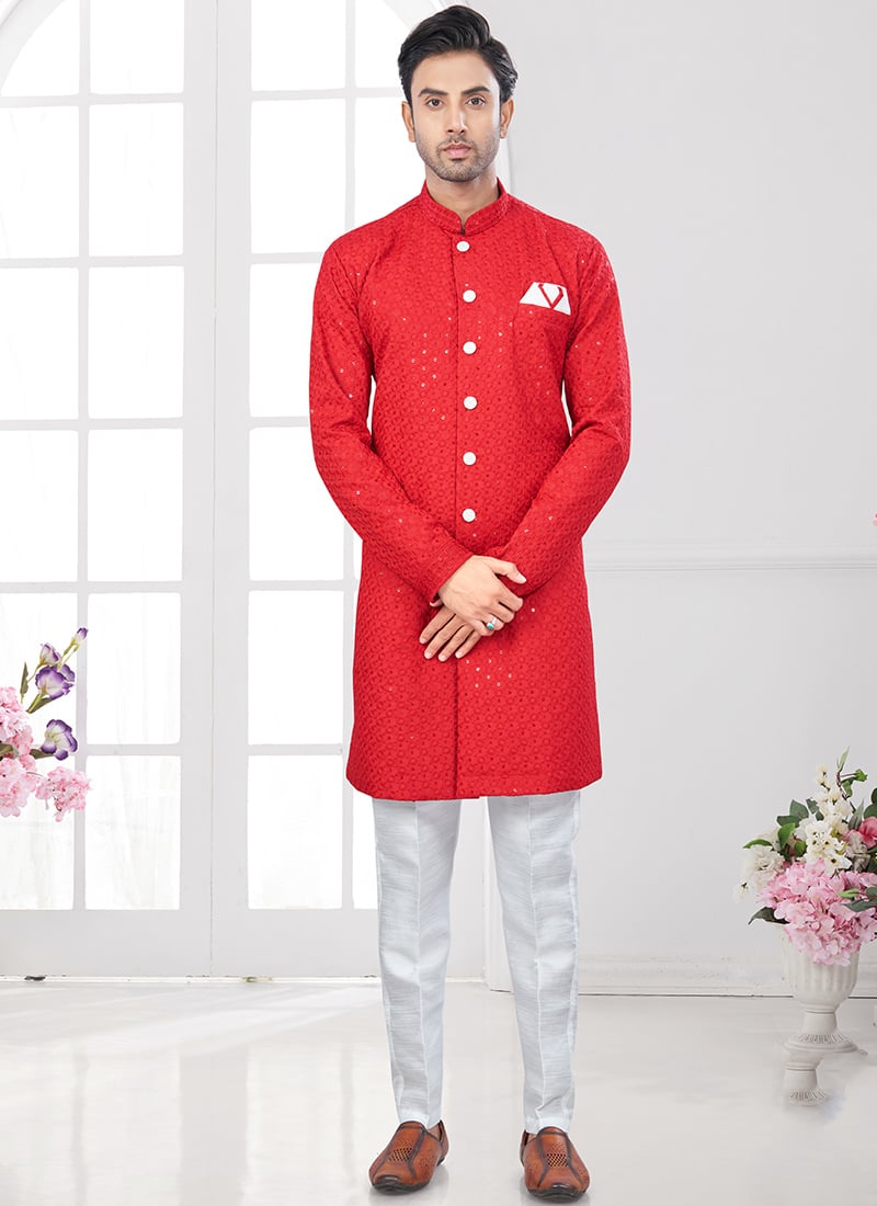 Red Rayon Lucknowi Embroidered Sequins Indowestern Sherwani Festive Wear