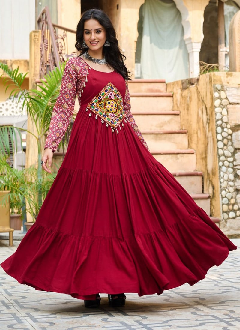 Red Rayon Printed Anarkali Gown