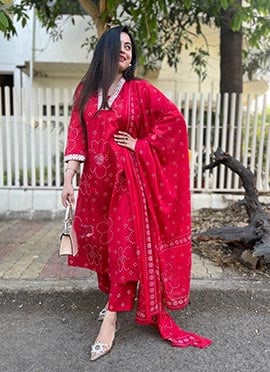 Red Rayon Printed Straight Pant Suit