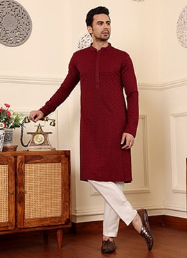 Red Rayon Silk Chikankari Embroidered Kurta For Men