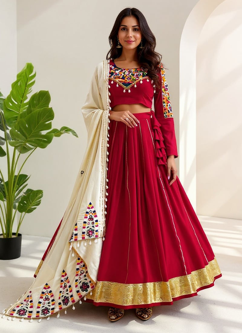 Red Rayon Silk Kutch Mirror Gota Chaniya Choli Festive Wear
