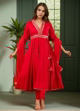 Red Rayon Zari Gota Patti Anarkali Suit