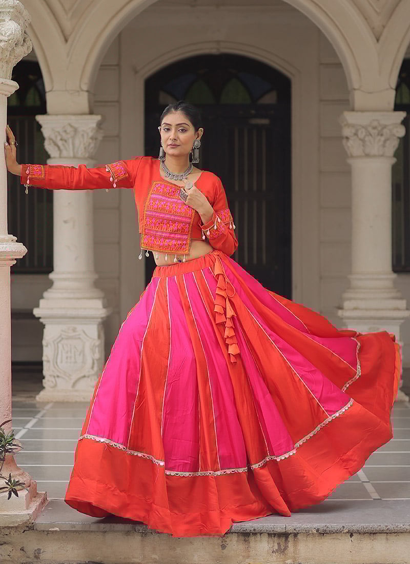 Red Roman Silk Gota Kutch Work Indowestern Skirt Set Festive Wear