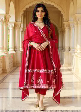 Red Roman Silk Sequins Embroidered Anarkali Suit Festive Wear