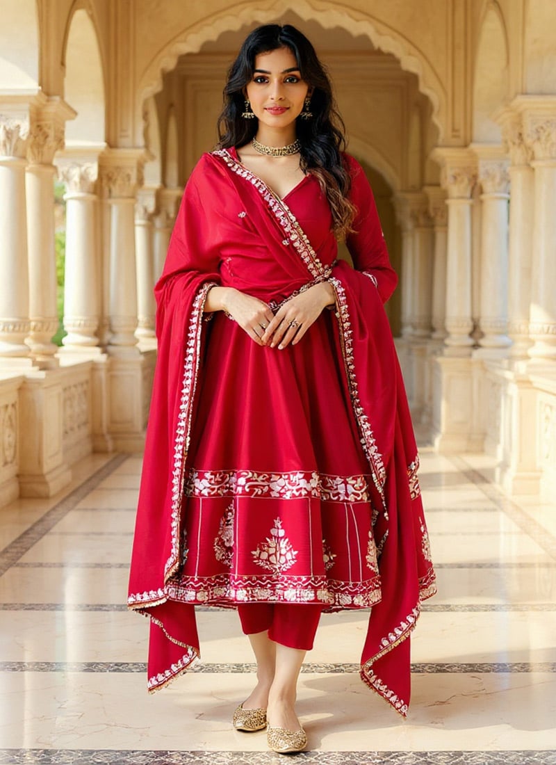 Red Roman Silk Sequins Embroidered Anarkali Suit Festive Wear