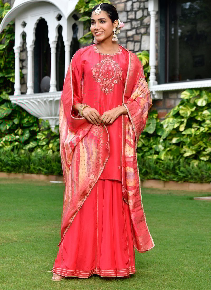Red Russian Silk Embroidered Sharara Pant Suit Festive Wear