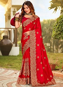 Red Satin Blend Embroidered Saree