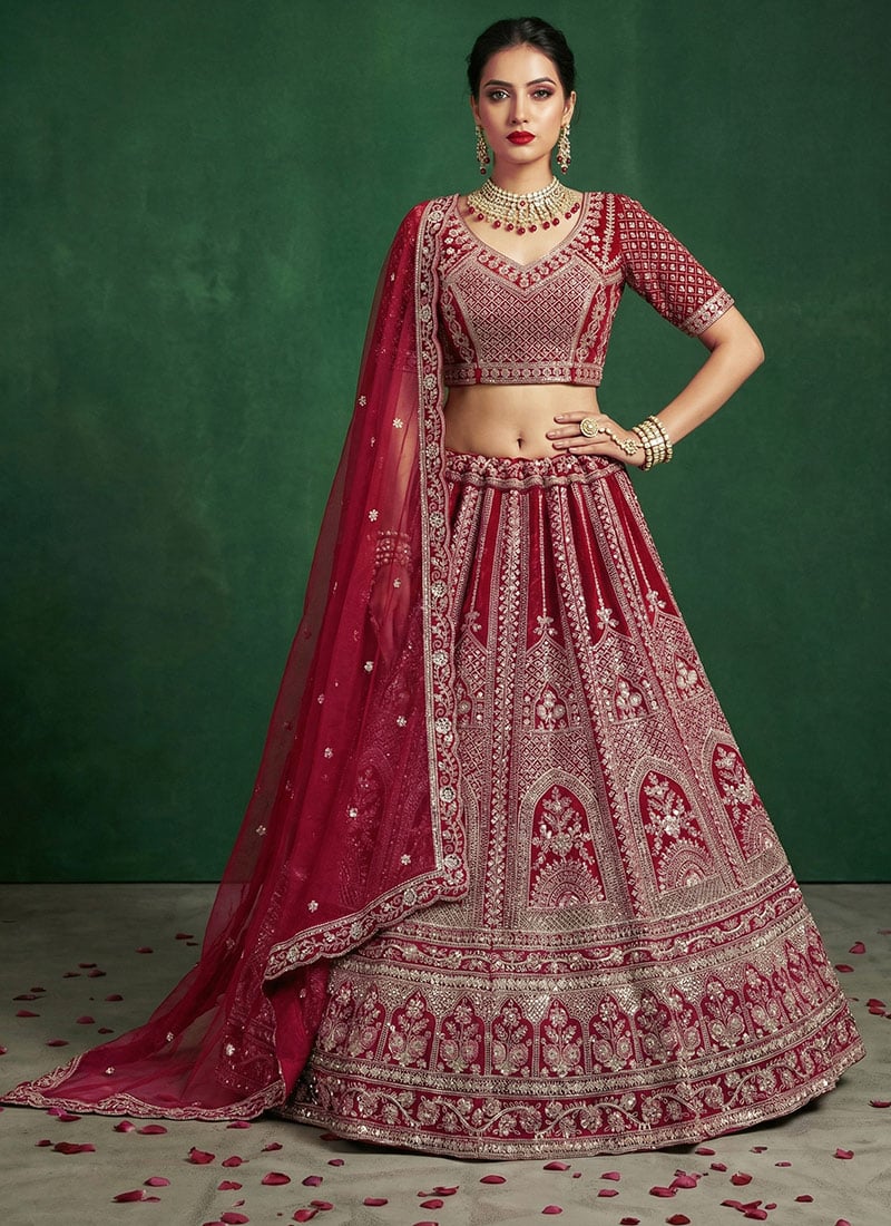 Red Satin Blend Embroidered Sequins Stones Umbrella Lehenga Wedding Wear
