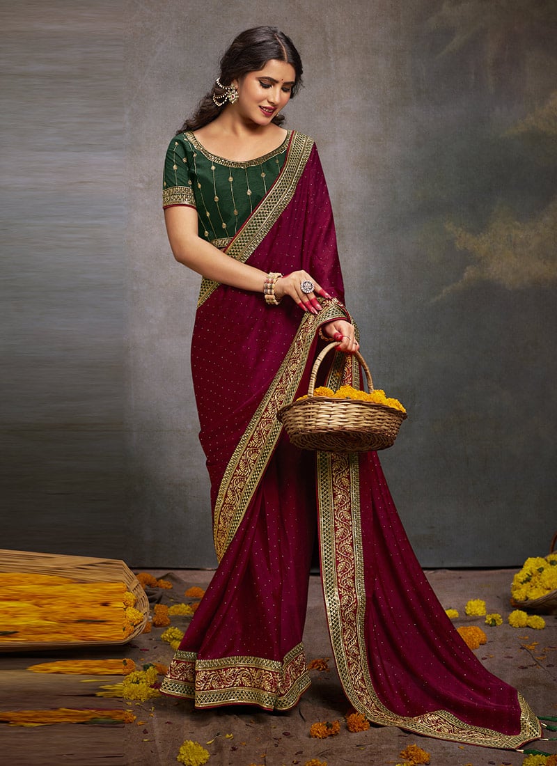 Red Satin Embroidered Stones And Zari Saree Festive Wear