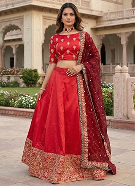 Red Satin Georgette Zari Sequins Lehenga