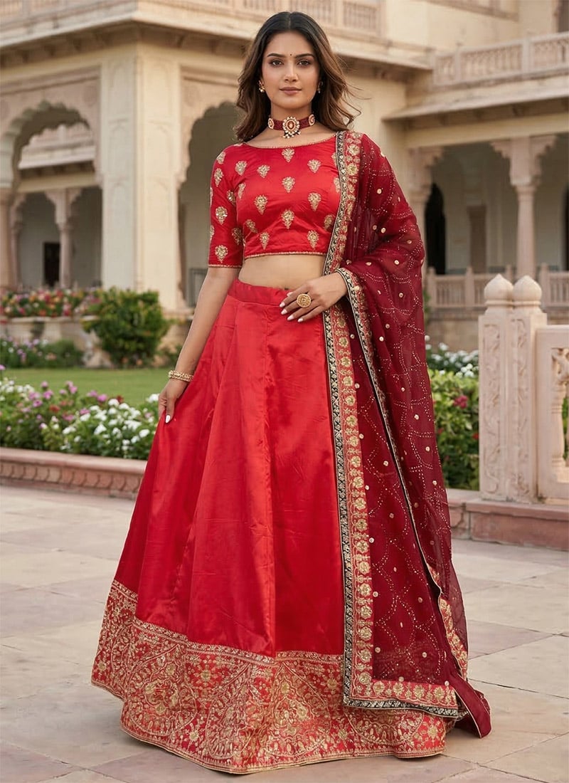 Red Satin Georgette Zari Sequins Lehenga Wedding Wear