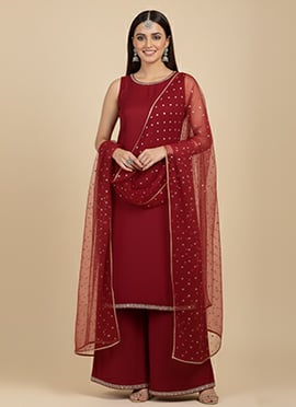 Red Satin Georgette Zari Sequins Palazzo Suit